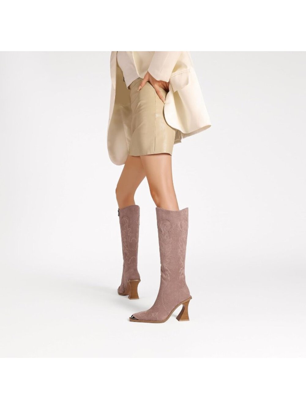 Women’s Taupe Pink Knee High Western Embroidered Side Zipper Cowgirl Boots - Picture 5 of 7